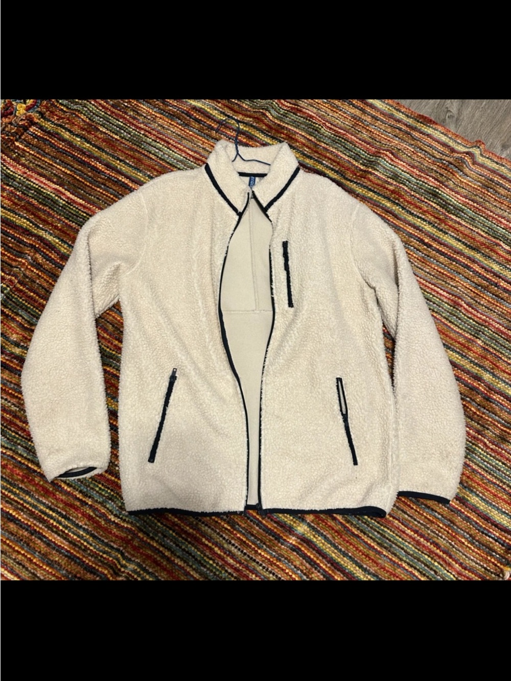 H&M Men's Cream Sherpa Zip-Up Jacket with Black Trim